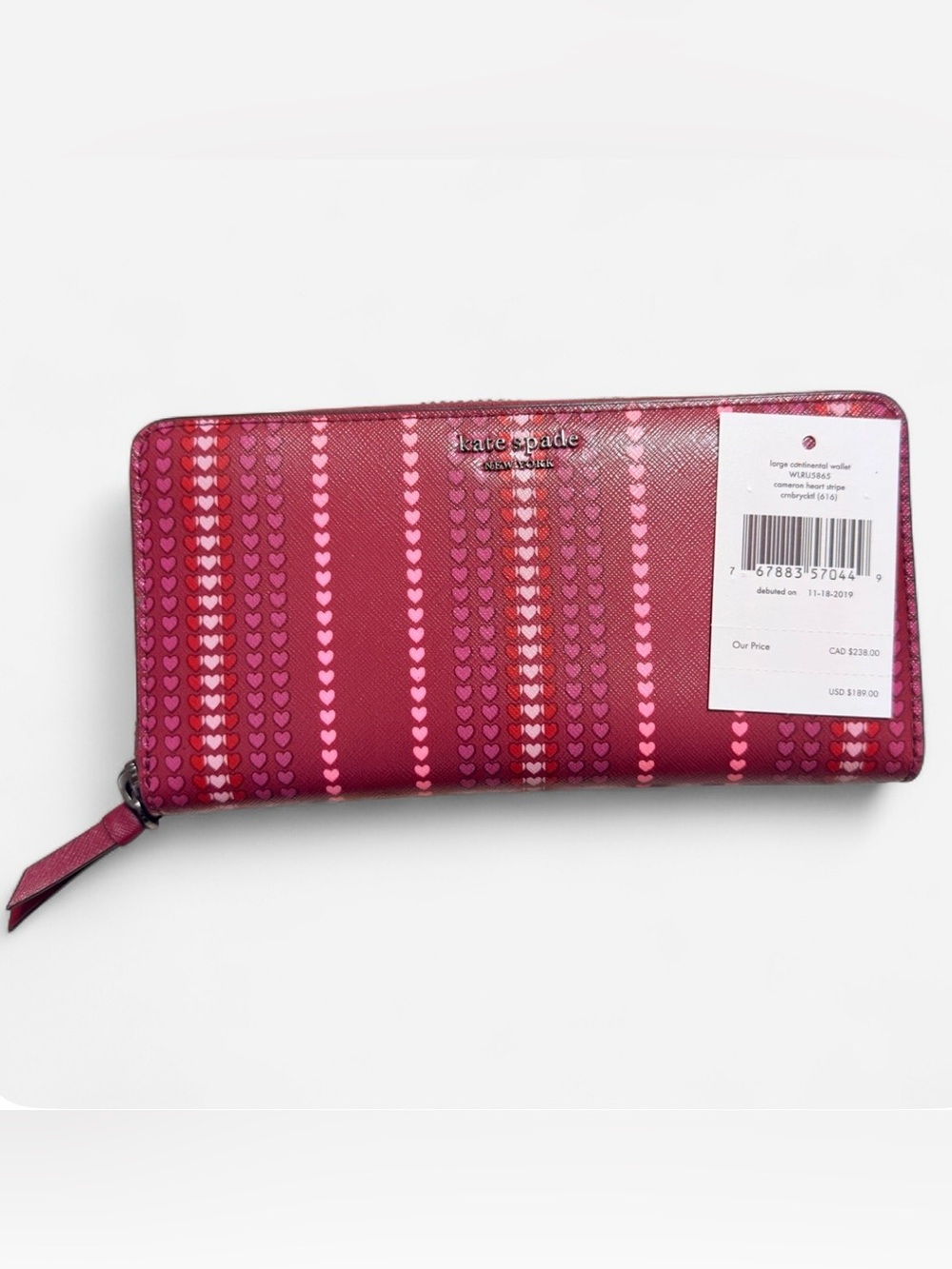 2019NWT Kate Spade Cameron Heart Stripe/Cntl Wallet Cranberry Multi- Retired